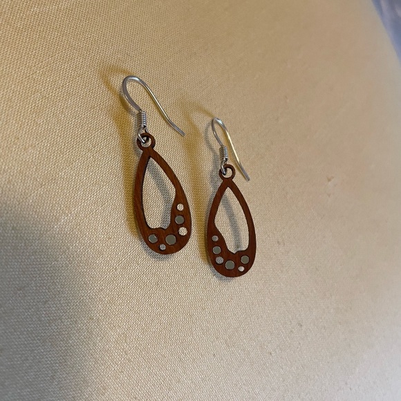 Handcrafted wooden teardrop earrings with tiny crystal accents - Picture 2 of 2